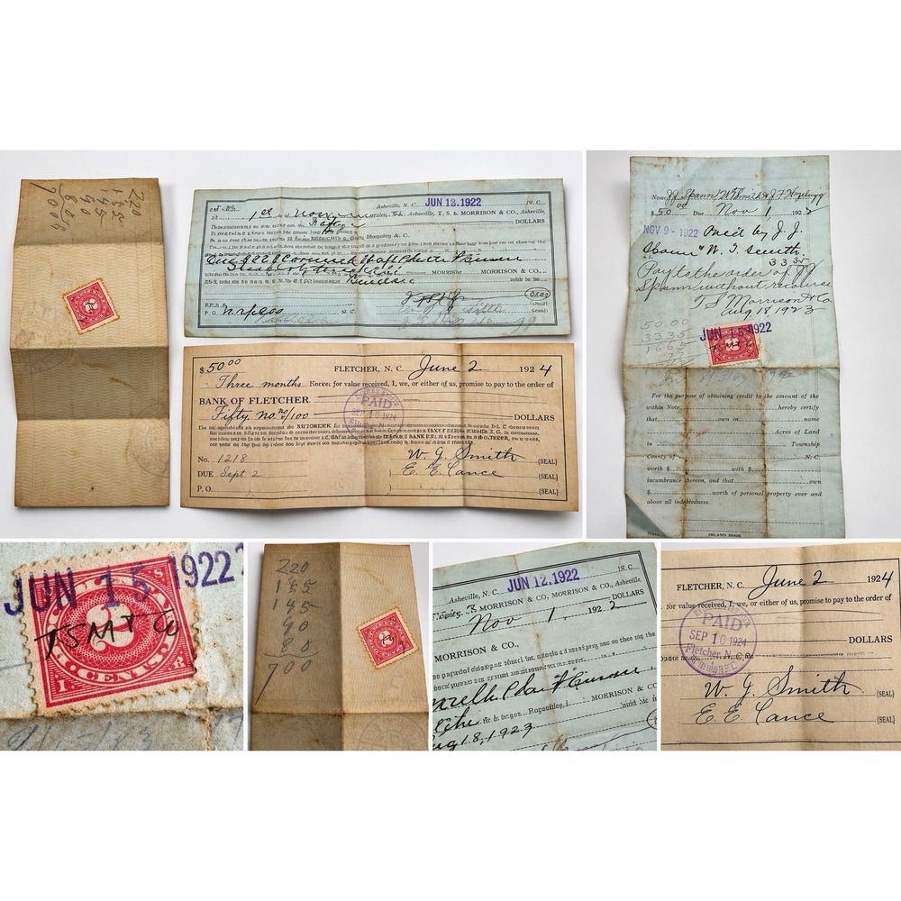 1922 1924 NC Bank Promissory Notes Fletcher Asheville Revenue Stamp Ephemera